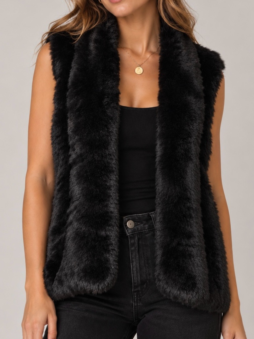 LOFT Black Faux Fur & Houndstooth Knit Open Front Vest (Small)